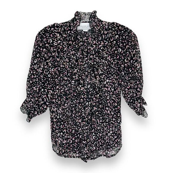 Rochelle Behrens THE SHIRT Black Pink Pattern Ruffle Short Blouse Top Women’s S - Picture 1 of 8